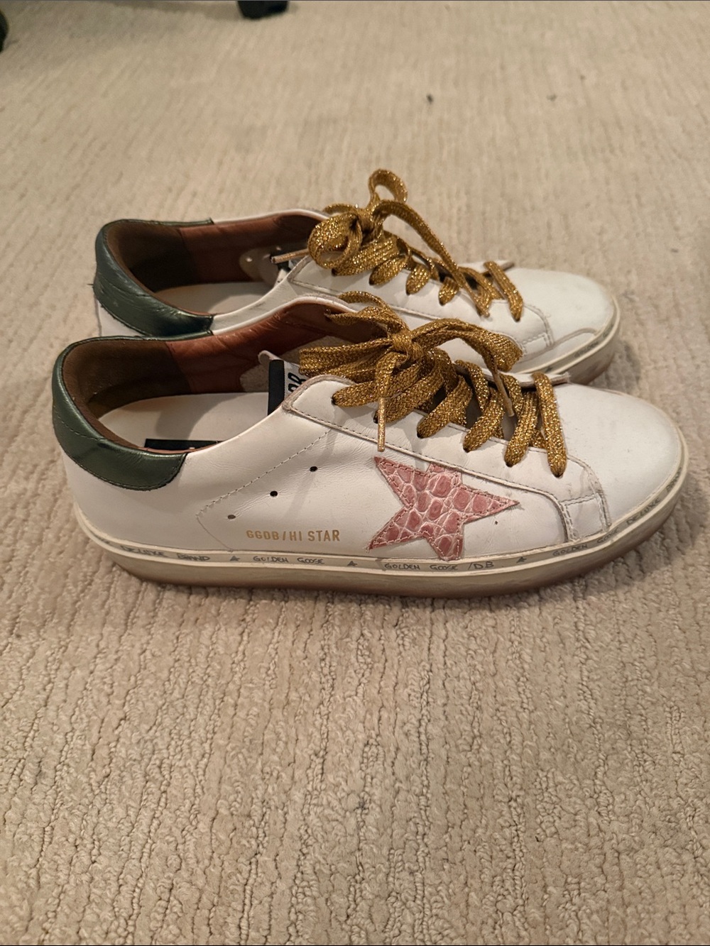 Golden Goose Kids White Sneakers with Pink Star, Gold Laces and Green Heel